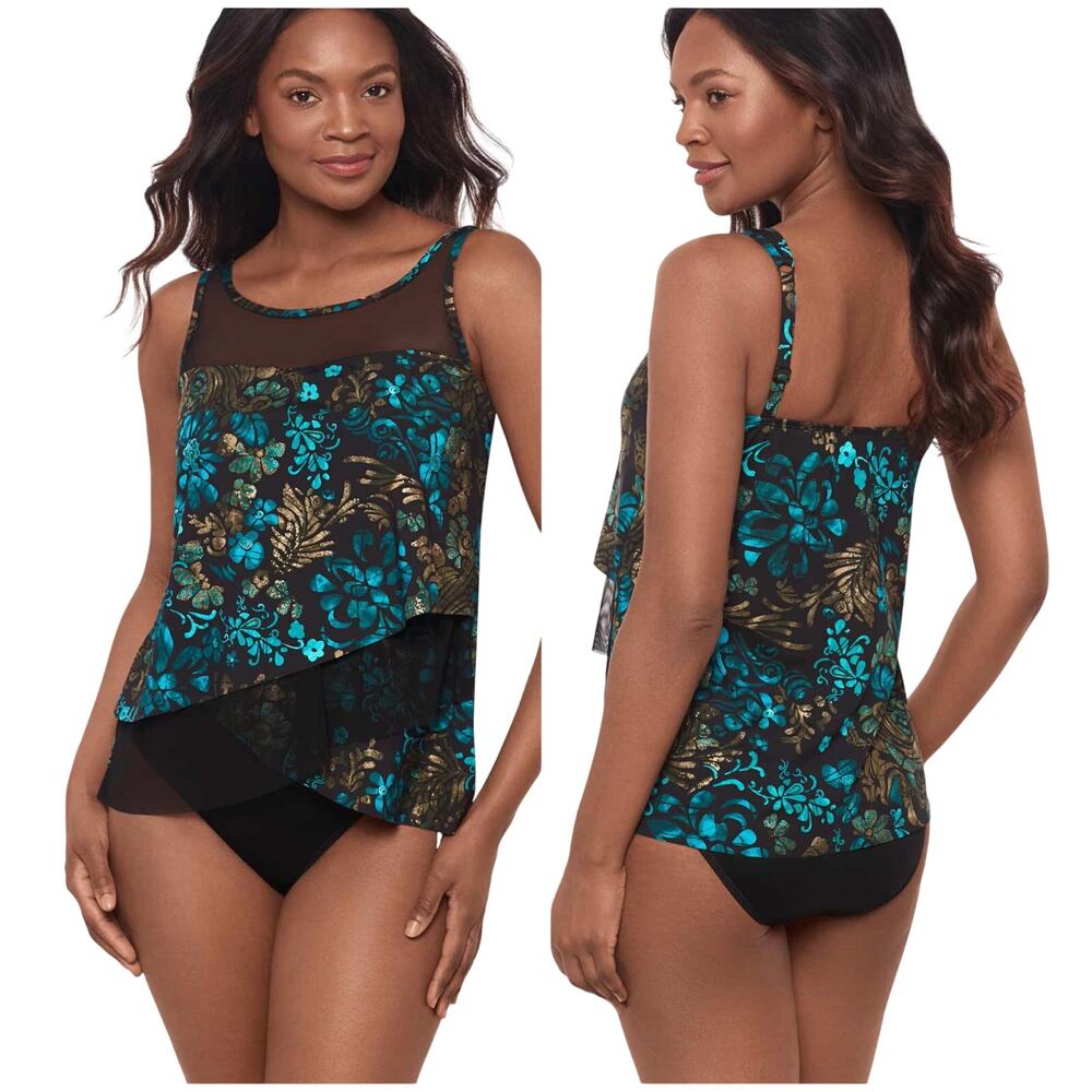 Miraclesuit NWT Mirage Tankini Top Flor De Mare Size 12 Underewire Bra Blue Gold